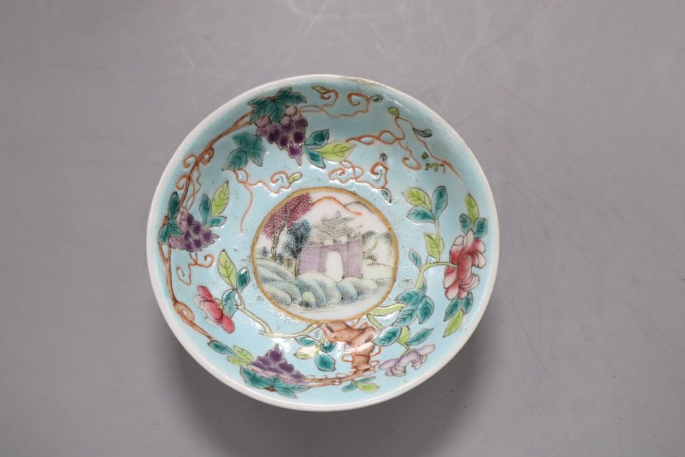 Three Chinese saucers and two teacups and a tea bowl, largest diameter 12.5cm